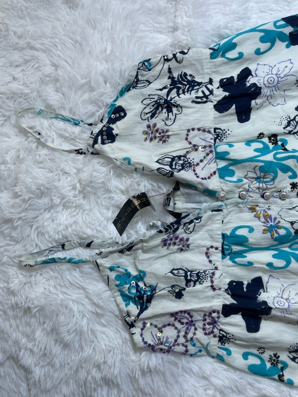 CHAUDRY KC White Floral Tiered Casual Sundress with Teal and Navy Accents - Picture 7 of 15